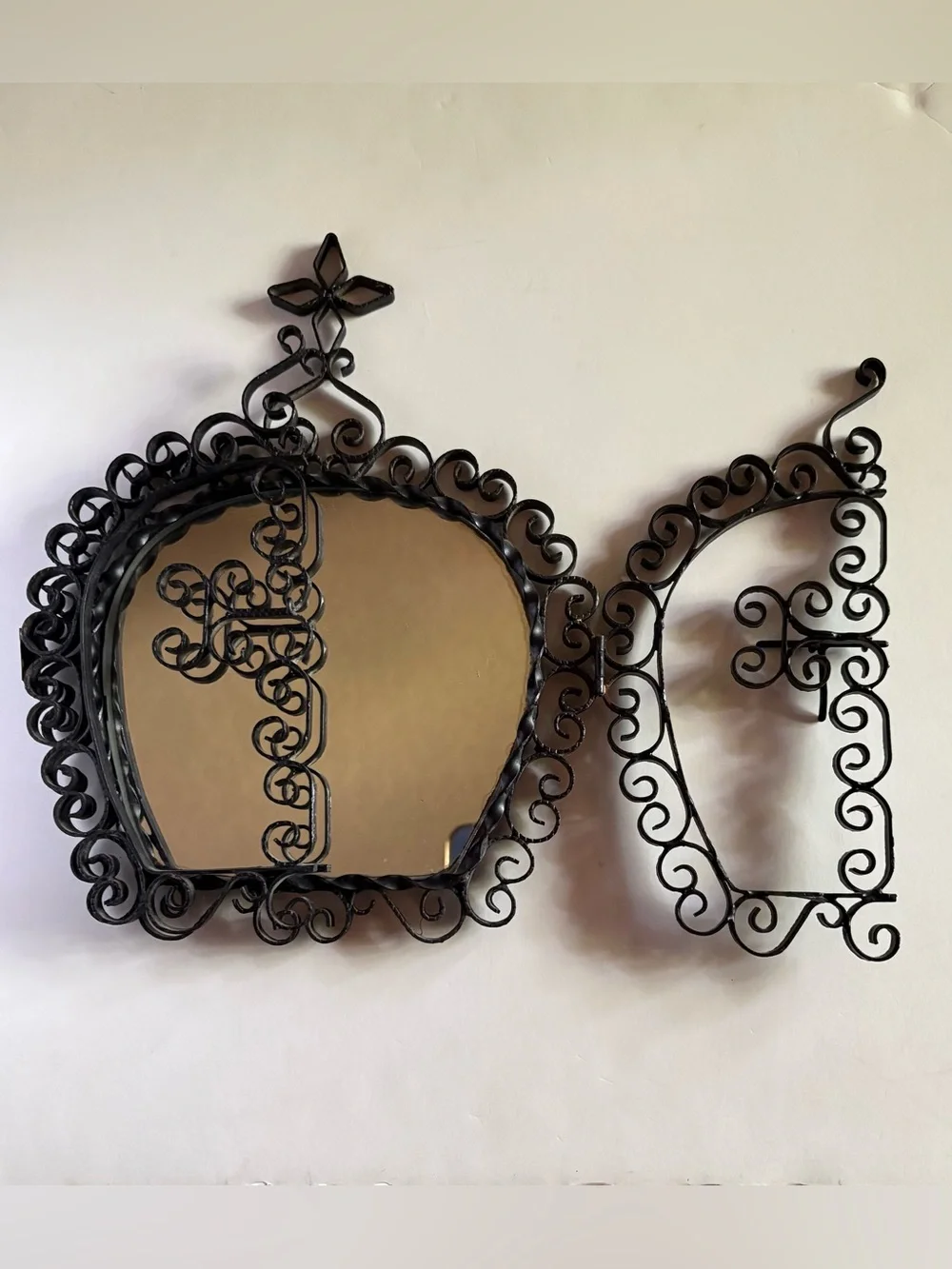 Ornate 1960’s Wrought-Iron Tri-Fold Mirror with Filigree Scrollwork
